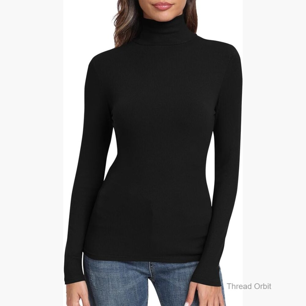 Long Sleeve Ribbed Knit Turtleneck Thermal Top Slim Fitted Basic Shirt